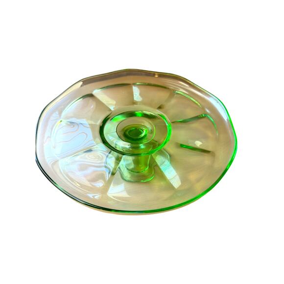 Vintage Green Glass Footed Platter Scalloped Ruffle Edge Cake Stand - Picture 6 of 7